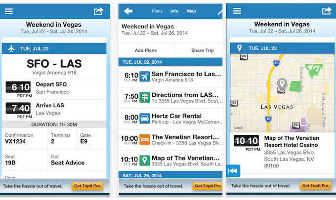Screenshots from a travel app.
